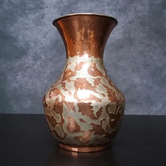 Vintage Mexico Hammed Copper Silver Etched Floral Leaf Pattern Vase